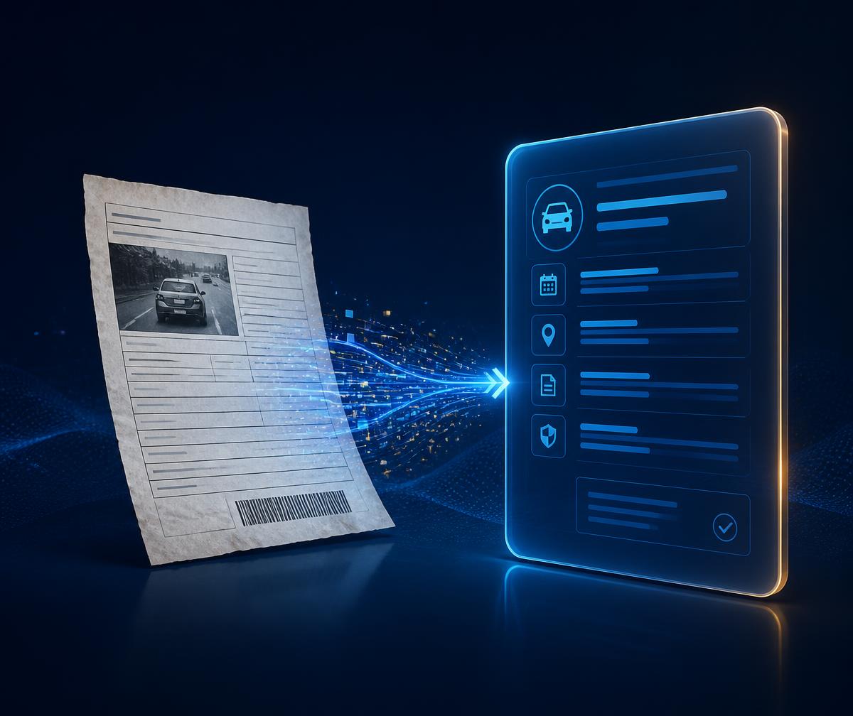 Notificação de multa de trânsito sendo transformada em documento digital organizado